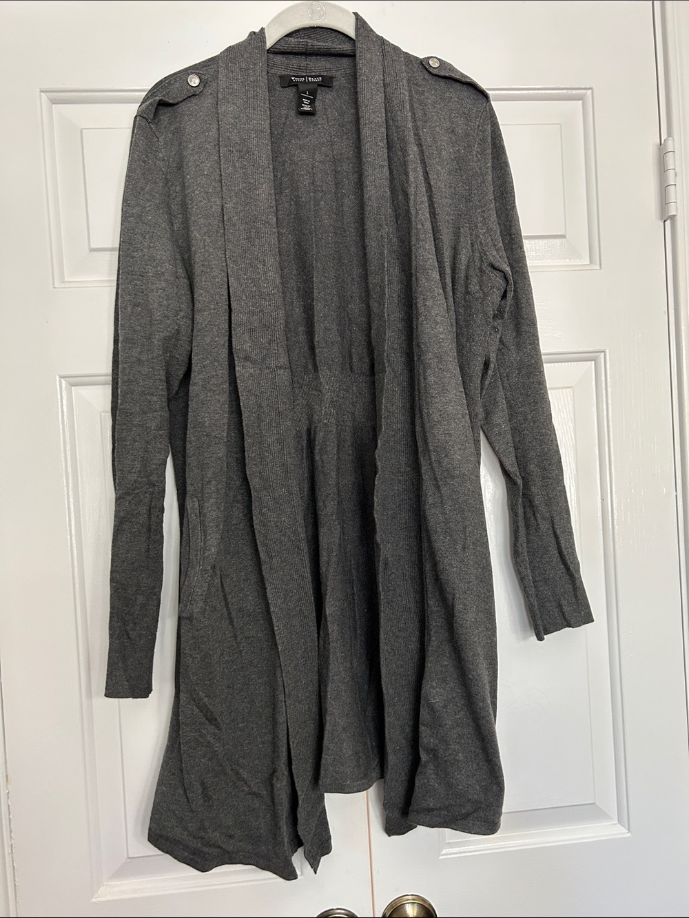 White House Black Market Gray Open-Front Long Cardigan with Shoulder Tabs